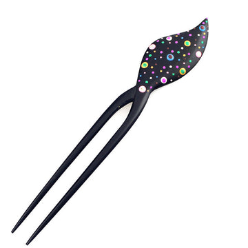 Handmade Thailand Fossilwood 2-Prong Lacquered Neon Dots Hair Stick